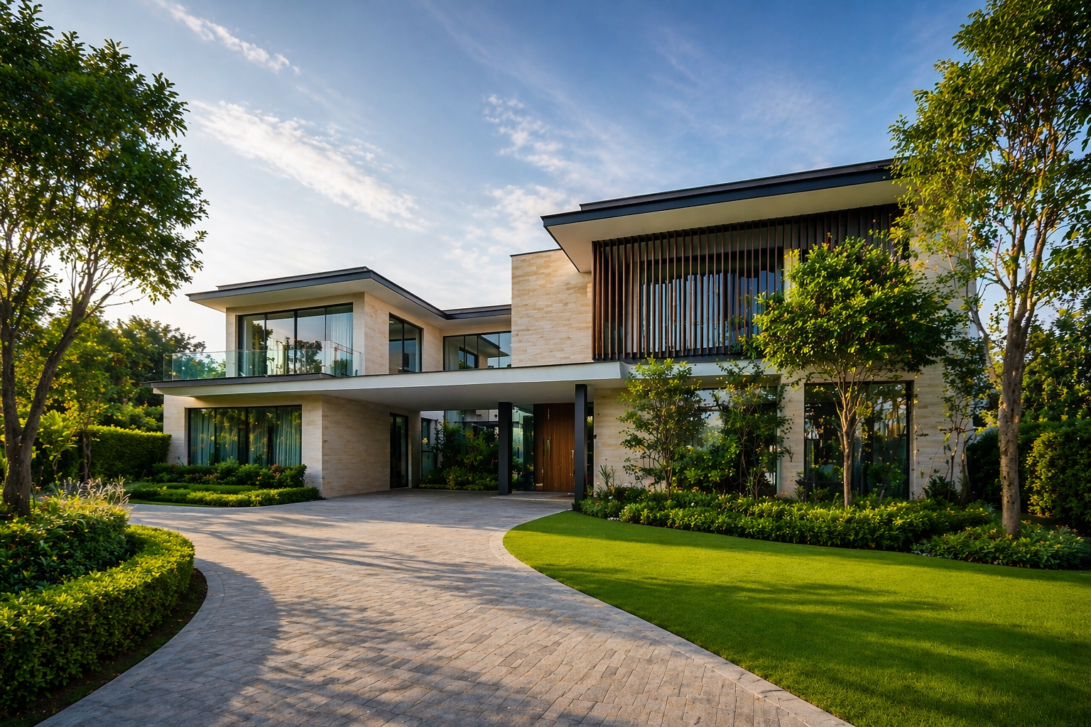 Modern mansion with lush landscaping